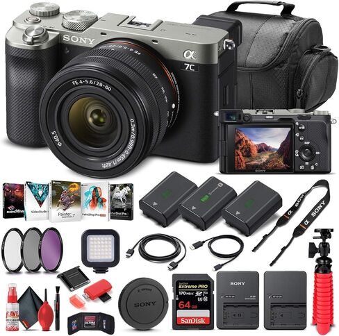 Sony Alpha a7C Mirrorless Digital Camera with 28-60mm Lens (Silver) ILCE7CL/S + 64GB Memory Card + 2 x NP-FZ-100 Battery + Corel Photo Software + Case + External Charger + Card Reader + More (Renewed) in Saudi Arabia