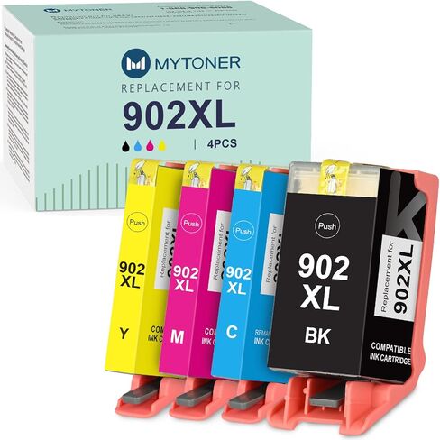MYTONER استبدال خرطوشة الحبر المعاد تصنيعها ل HP 902XL 902 XL لطابعة OfficeJet Pro 6979 6978 6962 6968 6958 6975 6960 6970 6954 6951 6950 (أسود، سماوي، أرجواني، أصفر، 4 حزم) in Kuwait