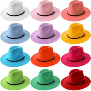 12 Pcs Classic Wide Brim Fedora Hat for Women Bulk Adjustable Felt Panama Hat with Belt Buckle Vintage Wool Wide Brim Hat (Bright Colors) in Kuwait