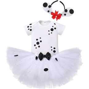 IBTOM CASTLE Dalmatian Dog 1st Birthday Baby Girls Outfit Paw Print Romper+Tutu Skirt+Dog Ears Princess for Kids Photo Shoot