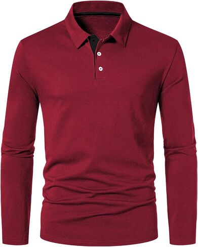 A WATERWANG Men's Long Sleeve Polo Shirts, Slim-fit Cotton Golf Polo Shirts Basic Designed in Kuwait