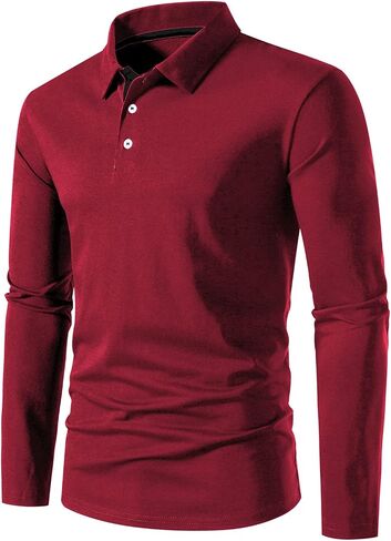 A WATERWANG Men's Long Sleeve Polo Shirts, Slim-fit Cotton Golf Polo Shirts Basic Designed in Kuwait