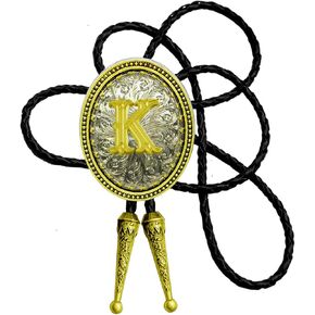 Moranse Bolo Tie Golden Initial Letter A to Z In Western Cowboy Oval Medal Style with Cowhide Rope Necktie