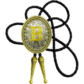 Moranse Bolo Tie Golden Initial Letter A to Z In Western Cowboy Oval Medal Style with Cowhide Rope Necktie in Kuwait