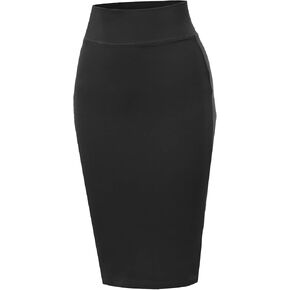 A2Y Women's Basic Solid Ponte Knee Length Slit Techno Span High Waist Pencil Skirt