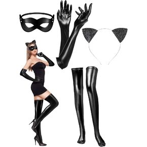 Zhanmai 4 Pcs Halloween Cat Costume Accessory for Women Including Masquerade Cat Mask Ear Headband PU Leather Glove Thigh High Stockings for Halloween Cat Themed Party in Saudi Arabia