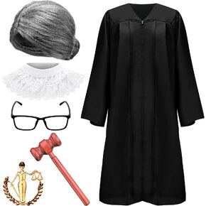 6 Pcs Judge Halloween Costume Accessory, Including Black Judge Robe, Judge Wooden Gavel, Judge Choker Pin, Lace False Collar, Gray Wig, Glasses Frame for Halloween Adult Judge Cosplay Party Favors in Kuwait