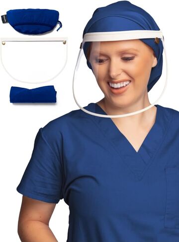 Satin-Lined Pro Scrub Cap, Adjustable Working Cap, Detachable Face Shield, Waterproof Bouffant Hat for Women, Rollable Shield in Kuwait
