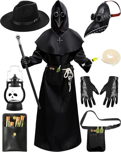 Xtinmee 14 Pcs Plague Doctor Mask Costumes Set Halloween Costume Decoration Hooded Costume Cloak Robe in Kuwait