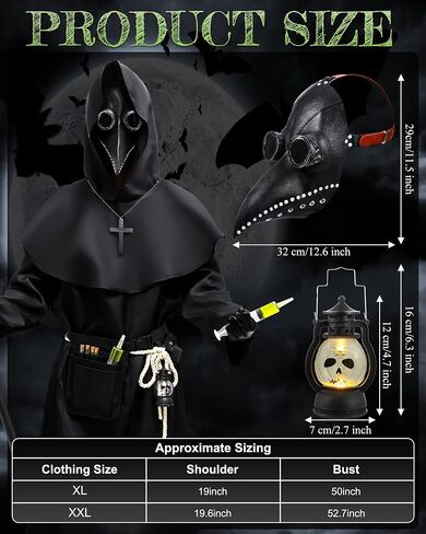 Xtinmee 14 Pcs Plague Doctor Mask Costumes Set Halloween Costume Decoration Hooded Costume Cloak Robe in Kuwait