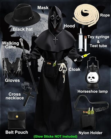 Xtinmee 14 Pcs Plague Doctor Mask Costumes Set Halloween Costume Decoration Hooded Costume Cloak Robe in Kuwait