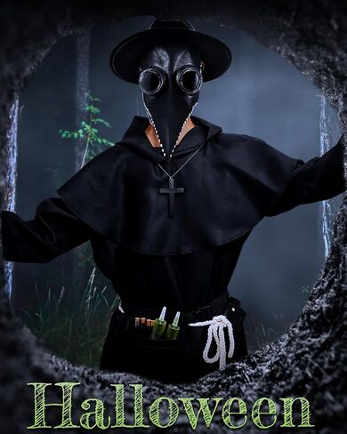 Xtinmee 14 Pcs Plague Doctor Mask Costumes Set Halloween Costume Decoration Hooded Costume Cloak Robe in Kuwait