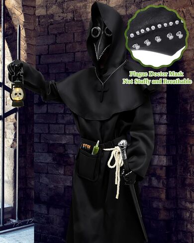 Xtinmee 14 Pcs Plague Doctor Mask Costumes Set Halloween Costume Decoration Hooded Costume Cloak Robe in Kuwait