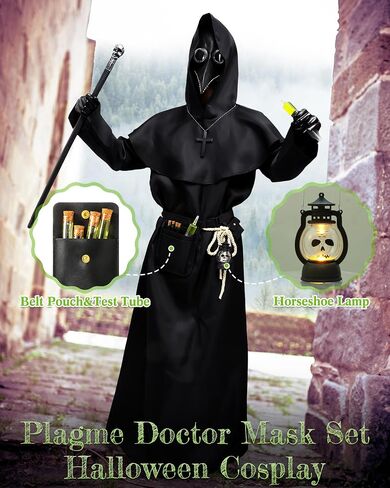 Xtinmee 14 Pcs Plague Doctor Mask Costumes Set Halloween Costume Decoration Hooded Costume Cloak Robe in Kuwait