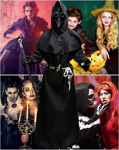 Xtinmee 14 Pcs Plague Doctor Mask Costumes Set Halloween Costume Decoration Hooded Costume Cloak Robe in Kuwait