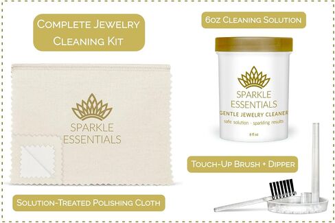 Gentle Jewelry Cleaner Solution Kit: Gold, Sterling Silver, Diamond, Turquoise, Pearl, Earrings, Engagement or Wedding Ring, Fine & Fashion Jewlery, Cleaning Solution, Polishing Cloth, Dipper & Brush in Saudi Arabia