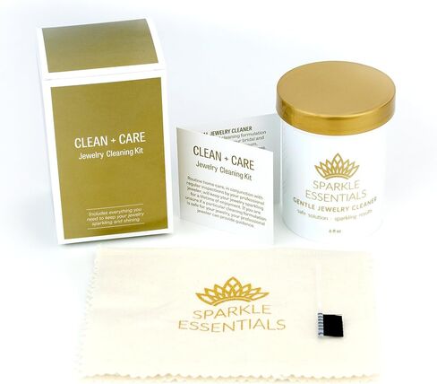 Gentle Jewelry Cleaner Solution Kit: Gold, Sterling Silver, Diamond, Turquoise, Pearl, Earrings, Engagement or Wedding Ring, Fine & Fashion Jewlery, Cleaning Solution, Polishing Cloth, Dipper & Brush in Saudi Arabia