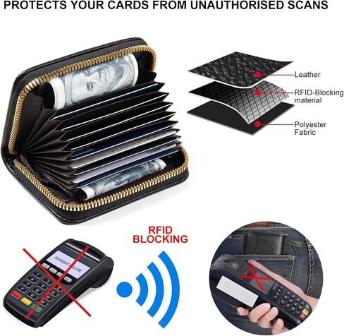 محفظة بطاقة الائتمان EcoVision بخاصية RFID، حامل بطاقة الائتمان بسحاب الأكورديون ومحفظة صغيرة للعملات المعدنية، حامل بطاقات من جلد البولي يوريثان للنساء والرجال in Kuwait