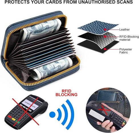 محفظة بطاقة الائتمان EcoVision بخاصية RFID، حامل بطاقة الائتمان بسحاب الأكورديون ومحفظة صغيرة للعملات المعدنية، حامل بطاقات من جلد البولي يوريثان للنساء والرجال in Kuwait