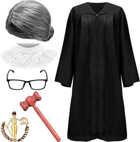 6 Pcs Judge Halloween Costume Accessory, Including Black Judge Robe, Judge Wooden Gavel, Judge Choker Pin, Lace False Collar, Gray Wig, Glasses Frame for Halloween Adult Judge Cosplay Party Favors in Kuwait