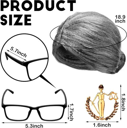 6 Pcs Judge Halloween Costume Accessory, Including Black Judge Robe, Judge Wooden Gavel, Judge Choker Pin, Lace False Collar, Gray Wig, Glasses Frame for Halloween Adult Judge Cosplay Party Favors in Kuwait