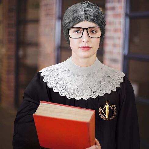 6 Pcs Judge Halloween Costume Accessory, Including Black Judge Robe, Judge Wooden Gavel, Judge Choker Pin, Lace False Collar, Gray Wig, Glasses Frame for Halloween Adult Judge Cosplay Party Favors in Kuwait