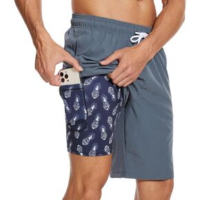Arcweg Mens Swim Trunks with Compression Liner 9" Inseam Quick Dry Beach Shorts with Pockets Swim Shorts