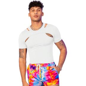 WDIRARA Men's Cut Out Crop Tank Top Round Neck Short Sleeve Slim Fit Knited Summer Tee