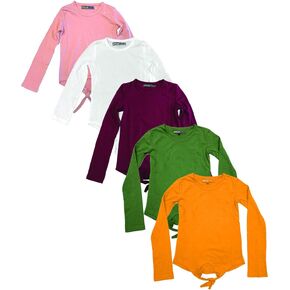 MISS POPULAR Multi -Pack Girls Kids Long Sleeve T Shirt with Tie Front Cotton Crew Neck Soft Fabric Many Colors Size 4-16