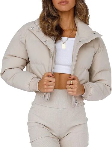 Uaneo Womens Cropped Puffer Jacket Stand Collar Zip Up Winter Padded Down Coats in Kuwait