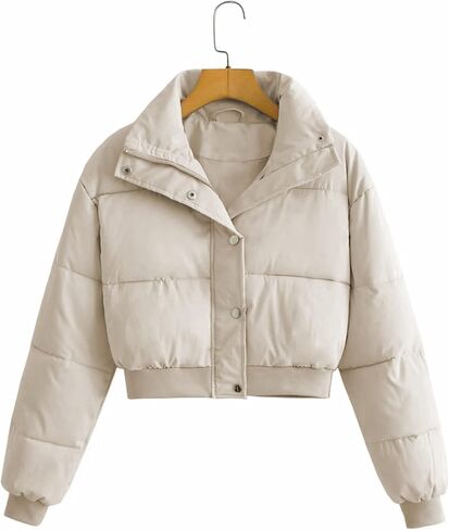 Uaneo Womens Cropped Puffer Jacket Stand Collar Zip Up Winter Padded Down Coats in Kuwait