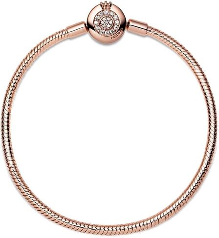 PANDORA Jewelry Moments Sparkling Crown O Snake Chain Charm Bracelet for Women - 14k Rose Gold-Plated with Cubic Zirconia Pave Clasp - 7.1", No Box in Saudi Arabia