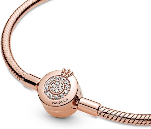 PANDORA Jewelry Moments Sparkling Crown O Snake Chain Charm Bracelet for Women - 14k Rose Gold-Plated with Cubic Zirconia Pave Clasp - 7.1", No Box in Saudi Arabia