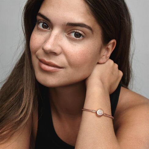 PANDORA Jewelry Moments Sparkling Crown O Snake Chain Charm Bracelet for Women - 14k Rose Gold-Plated with Cubic Zirconia Pave Clasp - 7.1", No Box in Saudi Arabia