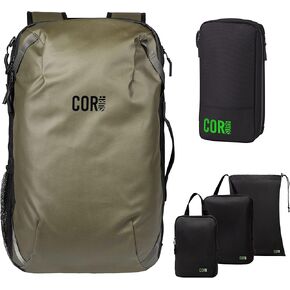 COR Surf Carry On Travel Backpack Bundle | Island Hopper Travel Backpack with Toiletry Bag and Compression Packing Cube Set (28L, Black)