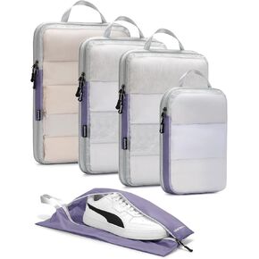Compression Packing Cubes Travel - See Through Mesh Packing Cubes for Carry-on Suitcases Set Luggage Organizer Bags for Travel Accessories with Shoe Bag 5PCS White