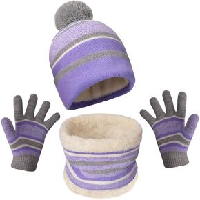 MAYLISACC Winter Kids Hat Scarf and Gloves 3Pcs Set for Boys and Girls Toddler Age 3-6, Striped Pom Beanie Glove Neck Warmer in Saudi Arabia