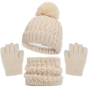 Kids Winter Beanie Hat Scarf and Touchscreen Gloves Set,Fleece Lining Beanie Hat Knit Gloves Neck Warmer for Children 2-8