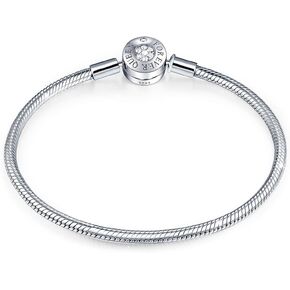 FOREVER QUEEN Charm Bracelet Fit Charms 925 Sterling Silver Basic Snake Chain Bracelet for Women Girls, Signature Bracelet with Sparkling Round Clasp Charm Clear CZ for Christmas Valentine Mother's Day Gift