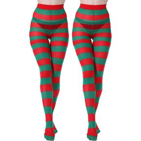 MANZI 2 Pairs Christmas Halloween Striped Tights Full Length Tights Thigh High Stocking Costume Accessory for Women Girls