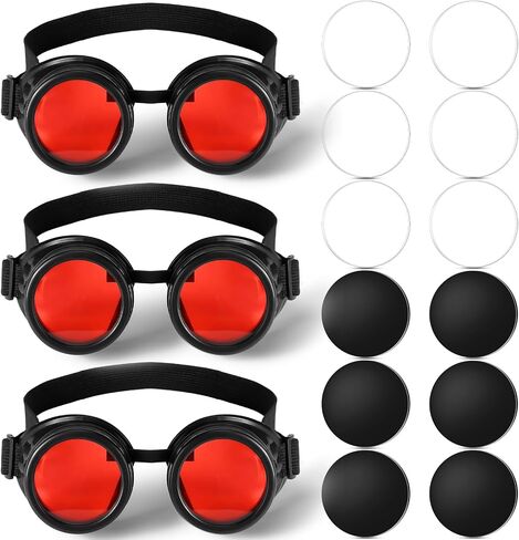 Kanayu 3 pcs Colored Lens Vintage Steampunk Goggles Glasses Welding Black With Red Rechangeable Lens for Halloween Cosplay Costumes in Saudi Arabia