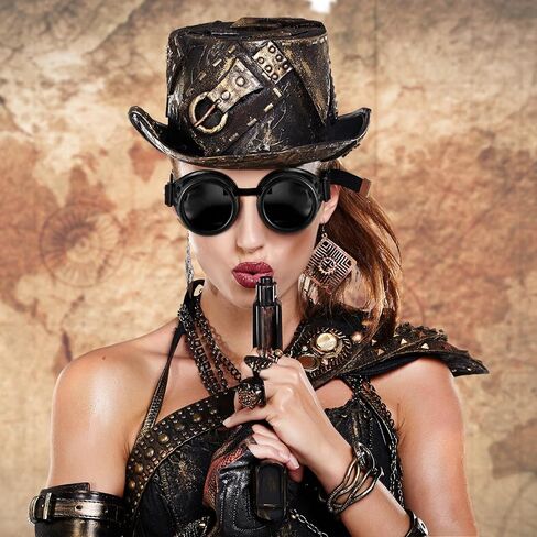 Kanayu 3 pcs Colored Lens Vintage Steampunk Goggles Glasses Welding Black With Red Rechangeable Lens for Halloween Cosplay Costumes in Saudi Arabia