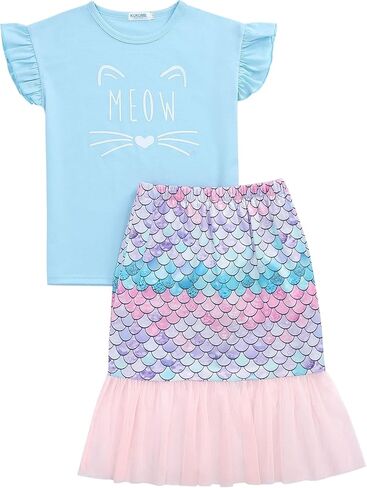 Kukume Girls Skirt Sets Ruffle Sleeve T-Shirt Top and Tulle Mermaid Tail Skirt 2 Piece Outfit Set 3-12 Years in Saudi Arabia