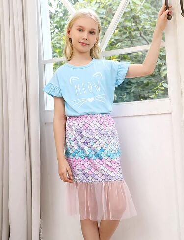Kukume Girls Skirt Sets Ruffle Sleeve T-Shirt Top and Tulle Mermaid Tail Skirt 2 Piece Outfit Set 3-12 Years in Saudi Arabia