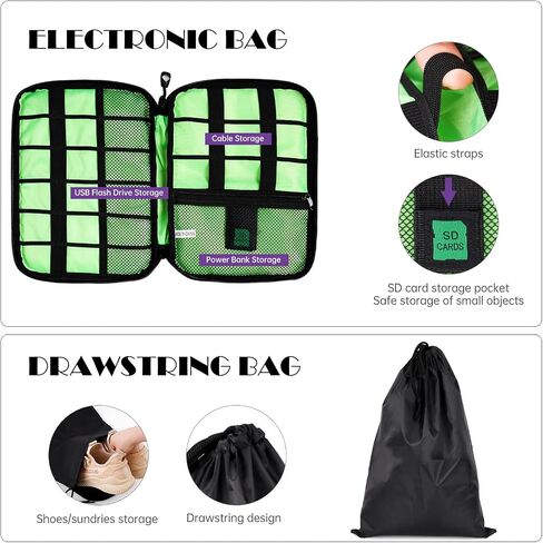 NiHome 7PCS Compression Packing Cube Set Expandable Mesh Travel Bag Luggage Organizers with Electronic Cable Cord Charger Organizer Drawstring Bag for Trip Home Storage Travel Gear Accessories (Black) in Kuwait