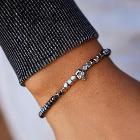 Pura Vida Bracelet Hematite Stretch Bracelet with Skull Charm - Halloween Bracelet & Party Favors for Teens or Kids - Stretch Bracelet & Adjustable Bracelets for Women - Cute Bracelets for Teen Girls in Saudi Arabia