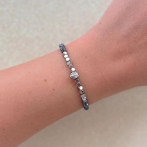 Pura Vida Bracelet Hematite Stretch Bracelet with Skull Charm - Halloween Bracelet & Party Favors for Teens or Kids - Stretch Bracelet & Adjustable Bracelets for Women - Cute Bracelets for Teen Girls in Saudi Arabia