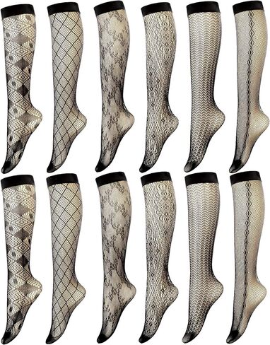 12 Pairs Halloween Hollow out Women's Fishnet Knee High Socks Fishnet Calf Socks in Kuwait