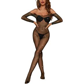 JELOVER Women's Lingerie Fishnet Bodysuit Sparkly Rhinestone Sexy Mesh Teddy Lingerie Glitter Crystal Stocking Black in Saudi Arabia