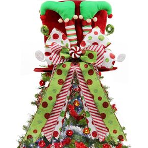 Christmas Tree Topper Hat with Bow,Large Christmas Tree Topper with Elf Legs,Tree Toppers Christmas Decorations for Home Party Decor Xmas Gift
